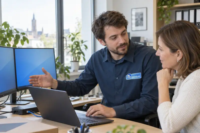 Technicien Mister Genius dépannant un poste de travail dans le bureau d'une PME