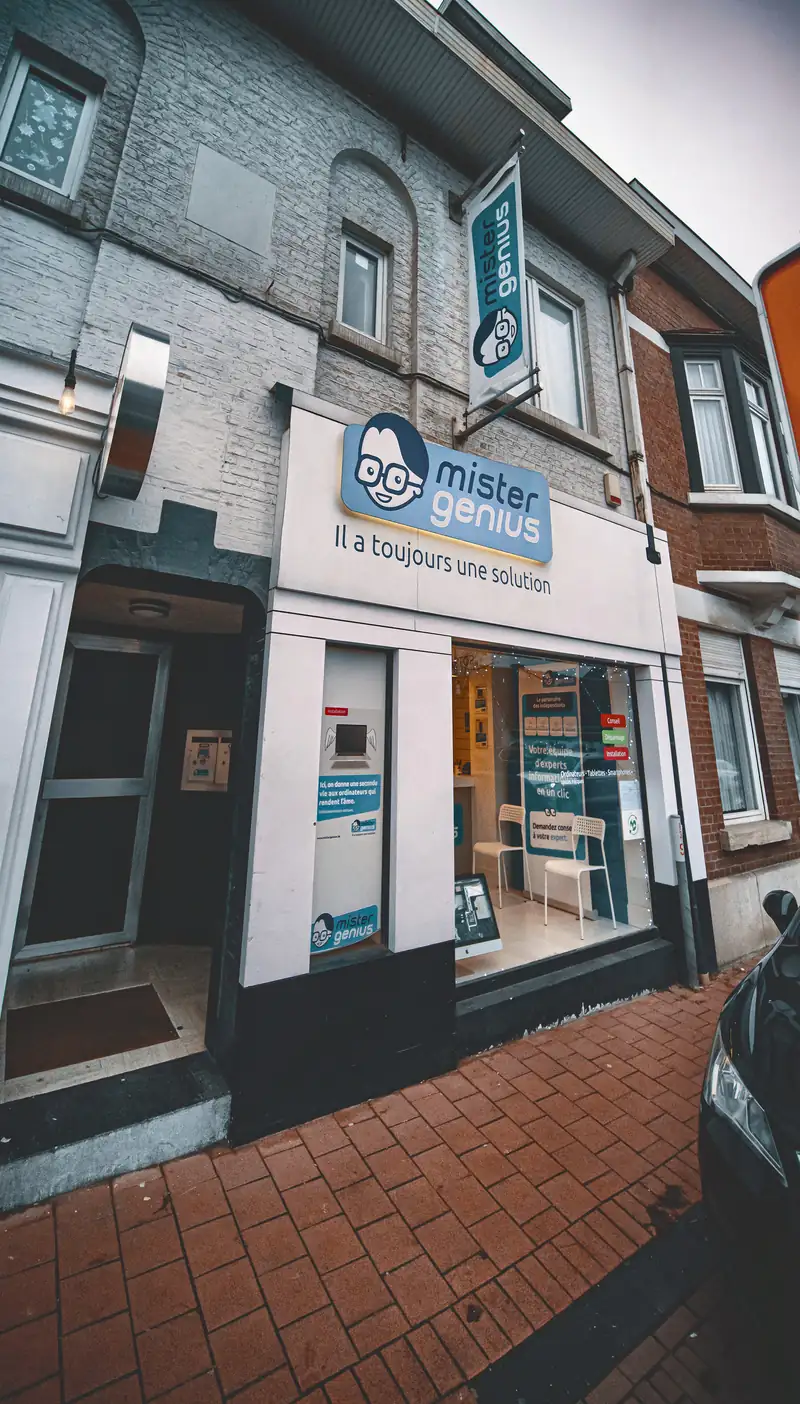 Entrance to Mister Genius store in Waterloo from pavement