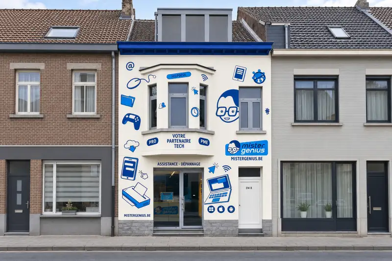Decorated façade of Mister Genius in Waterloo, chaussée de Bruxelles