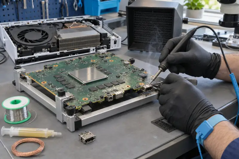 Open gaming console, HDMI port repair at Mister Genius workshop