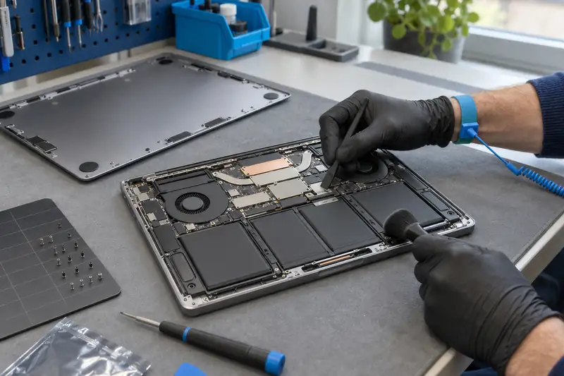 MacBook ondersteboven, open behuizing, in reparatie bij Mister Genius