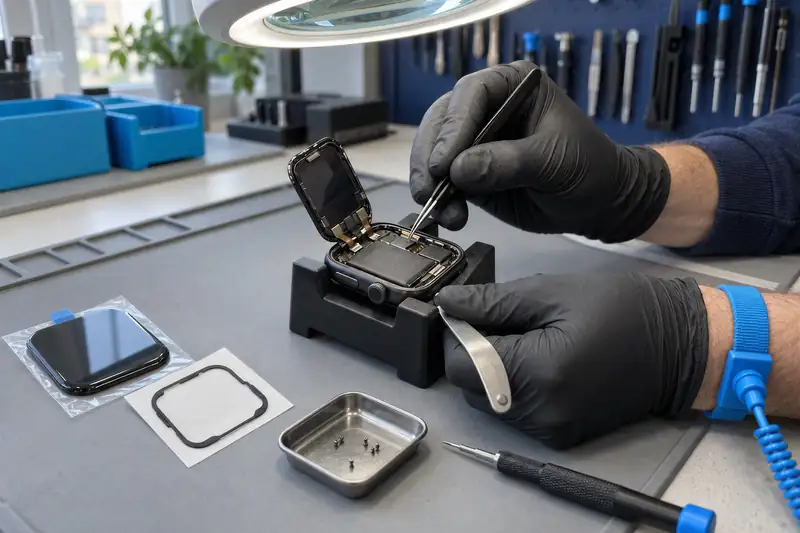 Open smartwatch under magnifying glass at Mister Genius workshop