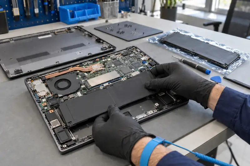 Open laptop under repair at Mister Genius workshop